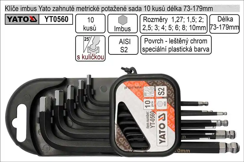 Cena od výrobce - Klíče imbus zahnuté 1 - 10 mm Yato potažené s kuličkou