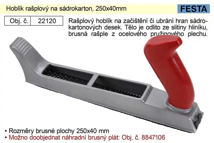Akce | Hoblík rašplový na sádrokarton 250x40mm