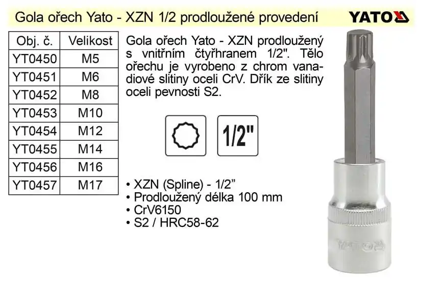 Sleva | Gola ořech XZN M5 prodloužený 1/2" YT-0450
