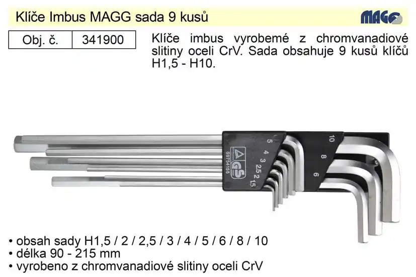 Klíče imbus zahnuté 1,5 - 10 mm dlouhé bez kuličky - Přímo z výroby