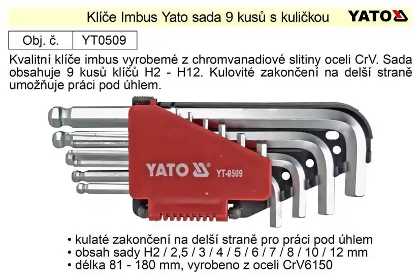 Klíče imbus zahnuté 2 - 12 mm s kuličkou Yato | Výhodná cena