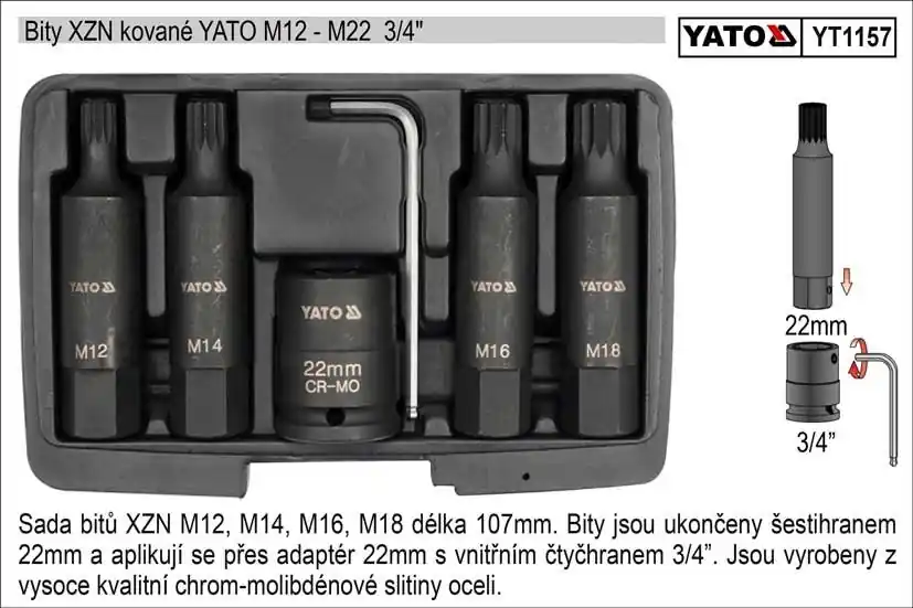 Outlet - Bity XZN kované sada 6 dílů YATO M12-M18 se stopkou 3/4"
