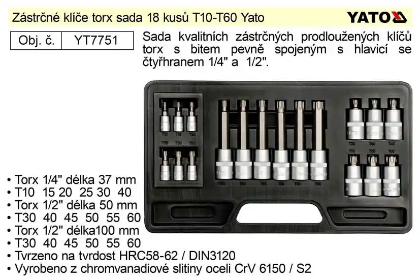 YATO Gola ořechy torx sada 18 kusů T10-T60 Yato - Prémiová kvalita