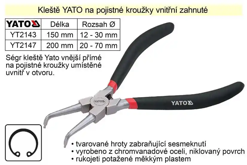 Nyní k dispozici | Kleště YATO na pojistné kroužky 200 mm vnitřní zahnuté