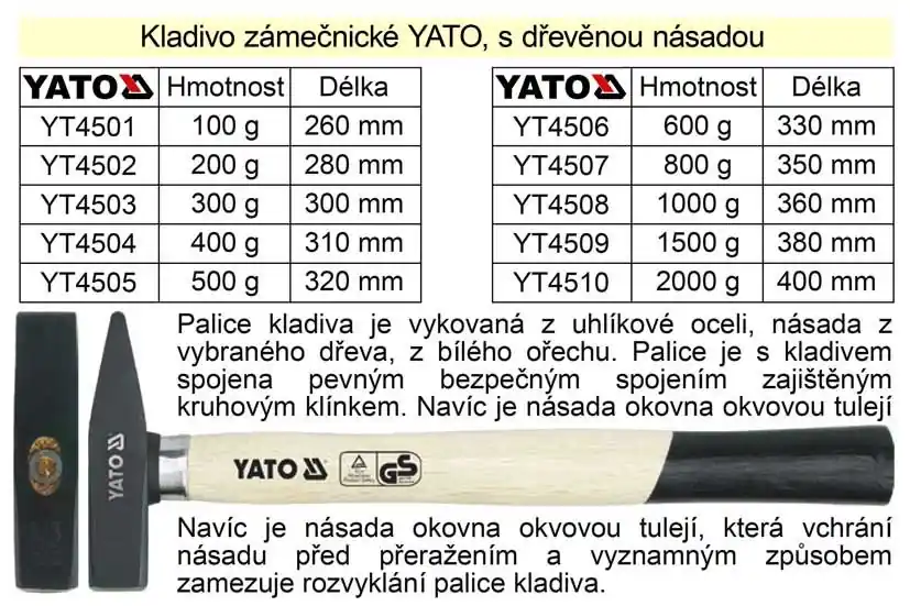 Kladivo zámečnické YATO s dřevěnou okovanou násadou 1500g | Ušetřete