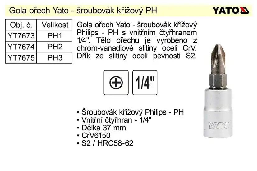 Gola ořech 1/4" šroubovák křížový PH2 YT-7674 - Koupit nyní