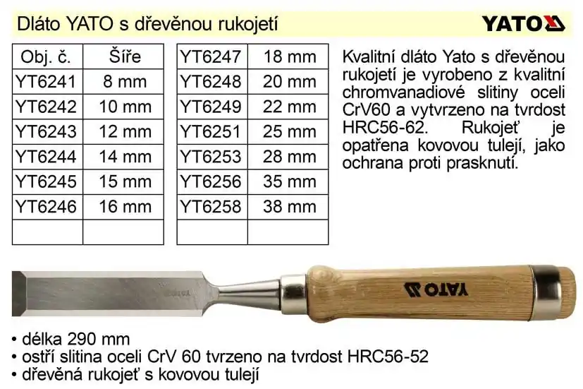 Snadné objednání | Dláto YATO s dřevěnou rukojetí šíře 12mm
