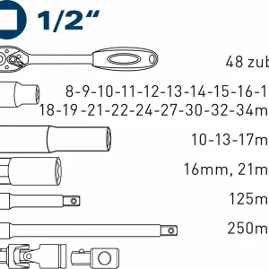 hlavice nástrčné, sada 29ks, 1/2", 61CrV5, FORTUM | Bestseller