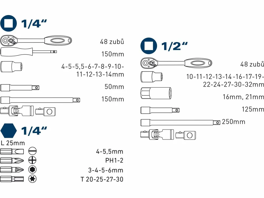 hlavice nástrčné, sada 50ks, 1/4", 1/2", 61CrV5, FORTUM - Nyní k dispozici