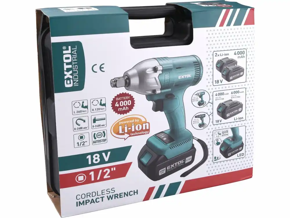 EXTOL INDUSTRIAL aku rázový utahovák 1/2", brushless, 18V Li-ion, 2x4000mAh 8791255 | Právě přidáno