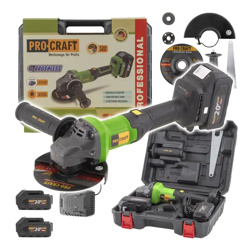 PROCRAFT PGA20 Aku úhlová bruska 125mm, bezuhlíková, 20V, tlačítkový vypínač, BEZ BATERIE | Zvýhodněná cena
