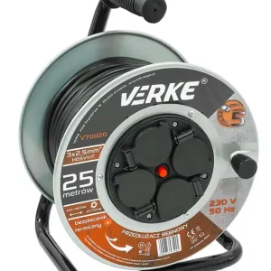 Objednejte nyní - VERKE Prodlužovací kabel na cívce 25m, 230V 3x2,5mm, 4 zásuvky, kovový buben