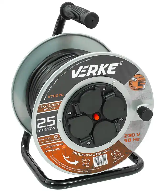 Objednejte nyní - VERKE Prodlužovací kabel na cívce 25m, 230V 3x2,5mm, 4 zásuvky, kovový buben