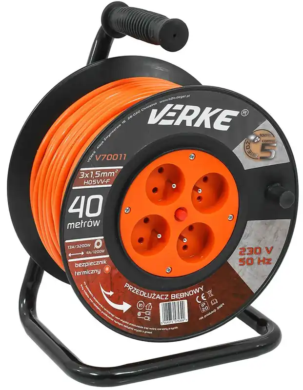Rychlé dodání - VERKE Prodlužovací kabel na cívce 40m, 230V 3x1,5mm, 4 zásuvky