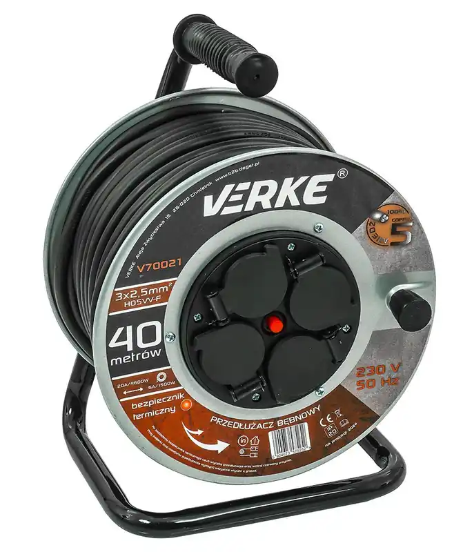Výborné hodnocení | VERKE Prodlužovací kabel na cívce 40m, 230V 3x2,5mm, 4 zásuvky, kovový buben